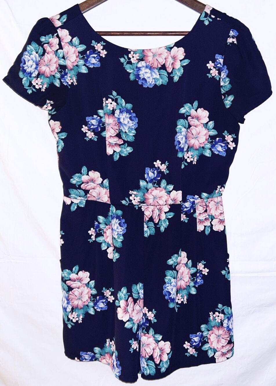 Monteau Round Neck Navy Blue & Floral Romper w/ Pockets Small